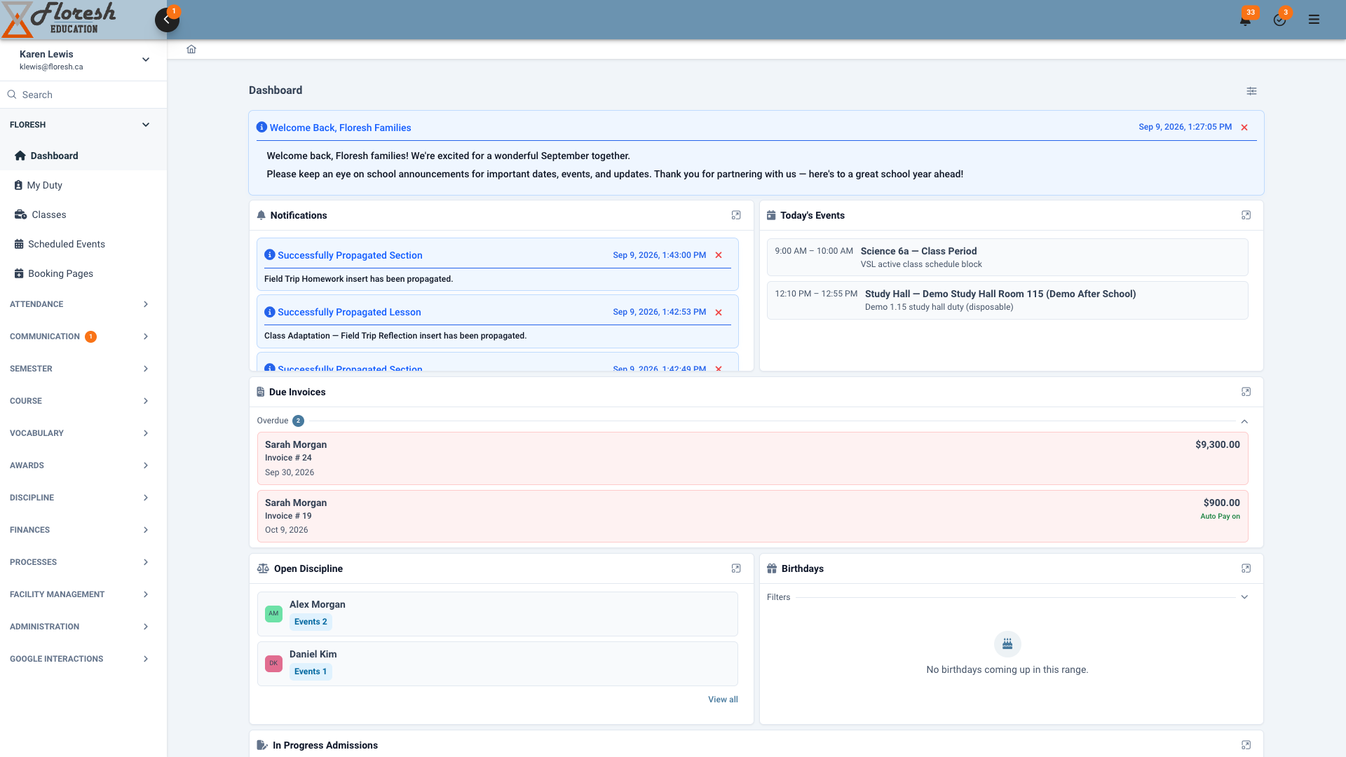 Floresh school dashboard with announcements, notifications and tasks
